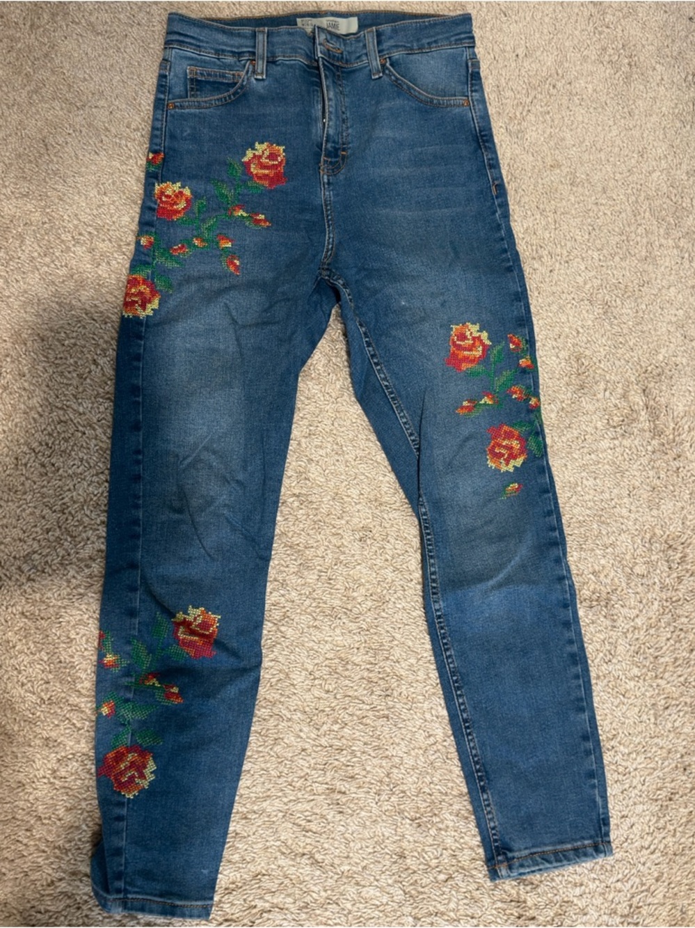 Topshop Blue Skinny Jeans with Red Rose Embroidery